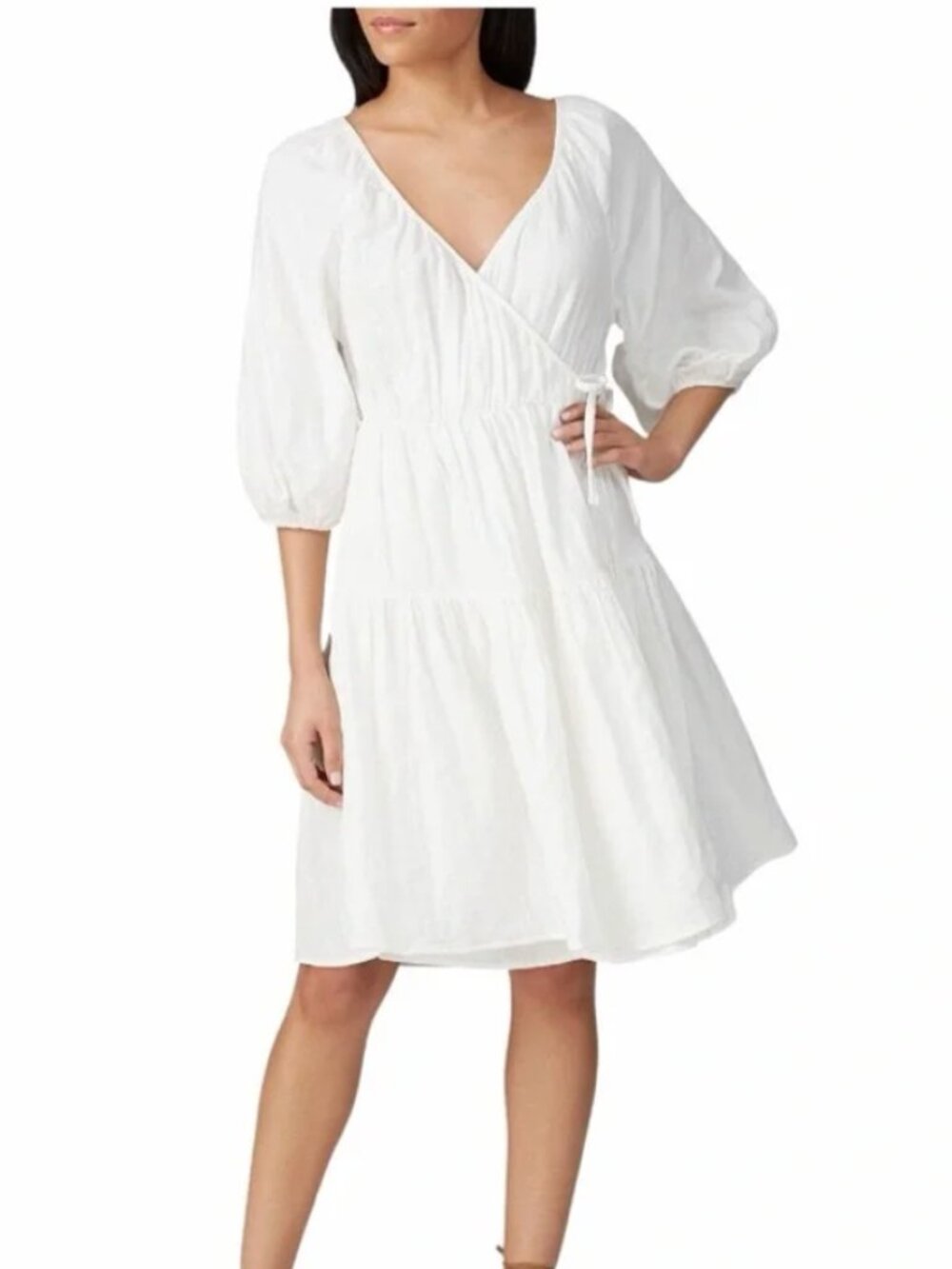 Love, Whit by Whitney Port White Puff Sleeve Cotton Wrap Dress Large